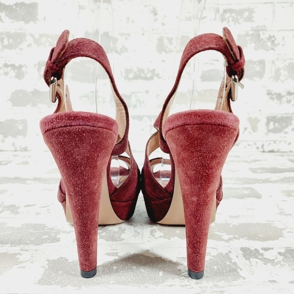 Prada Burgundy Red Suede Buckle Slingback High Heeled Sandals O97 - Picture 6 of 12